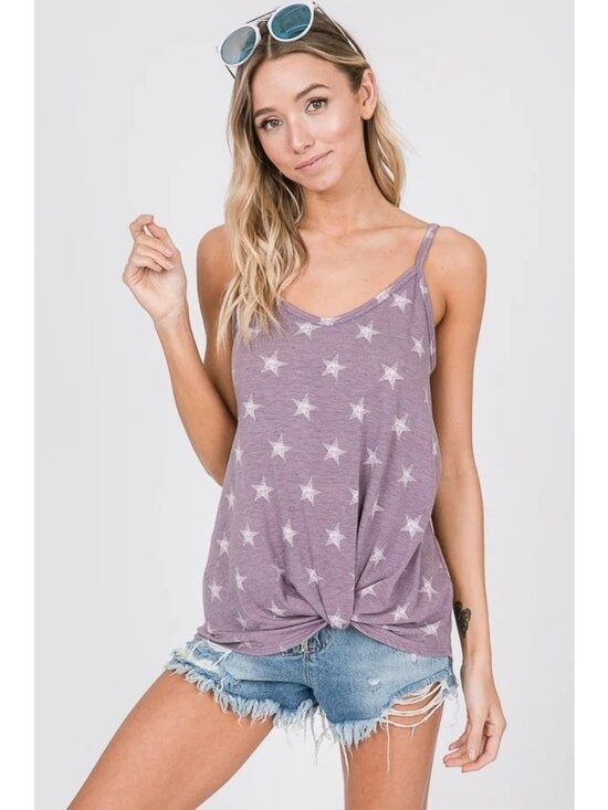 Pink Lily Tops - Pink Lily Twist Knot Star Print Tank Top in Purple - Size M